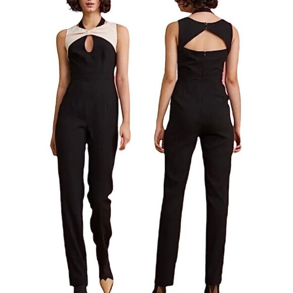 Anthropologie Foxiedox Cut Out Contrast Bow Halter Harlow Tuxedo Jumpsuit L NWT - Picture 1 of 16